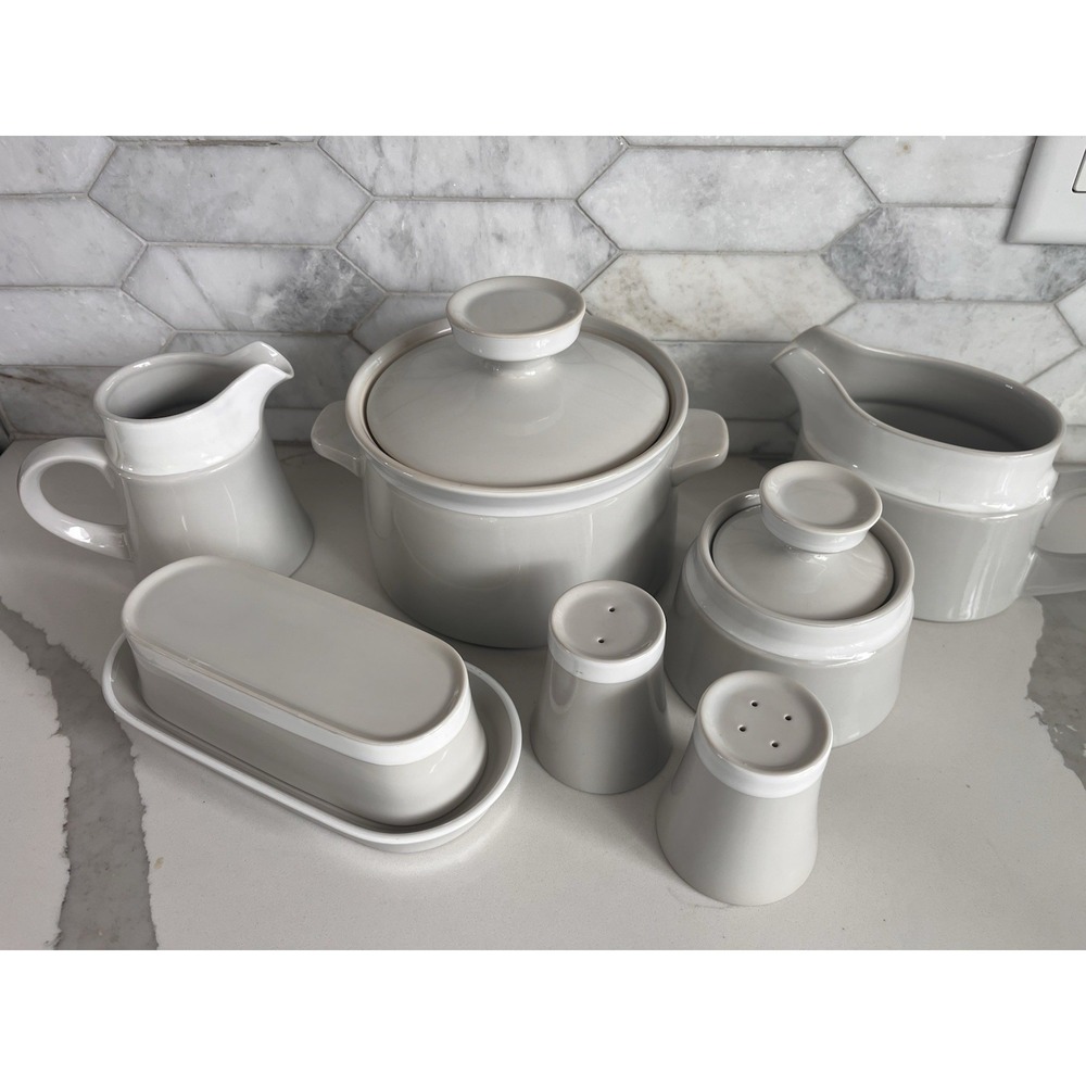 Vintage Noritake Primastone FJORD Gray & White Stoneware 10 Piece Set‎ Japan EUC